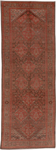 5' x 13' one-of-a-kind handmade antique Malayer rug. Color palette: rust, ivory, brown, terra cotta, charcoal, rose, taupe
