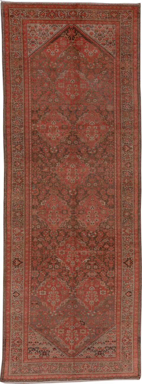 5' x 13' one-of-a-kind handmade antique Malayer rug. Color palette: rust, ivory, brown, terra cotta, charcoal, rose, taupe