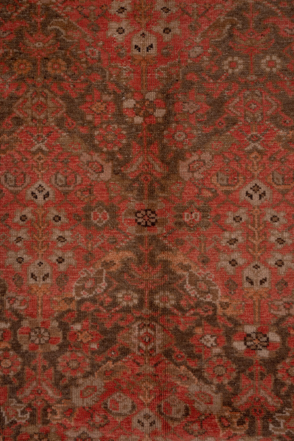 5' x 13' one-of-a-kind handmade antique Malayer rug. Color palette: rust, ivory, brown, terra cotta, charcoal, rose, taupe