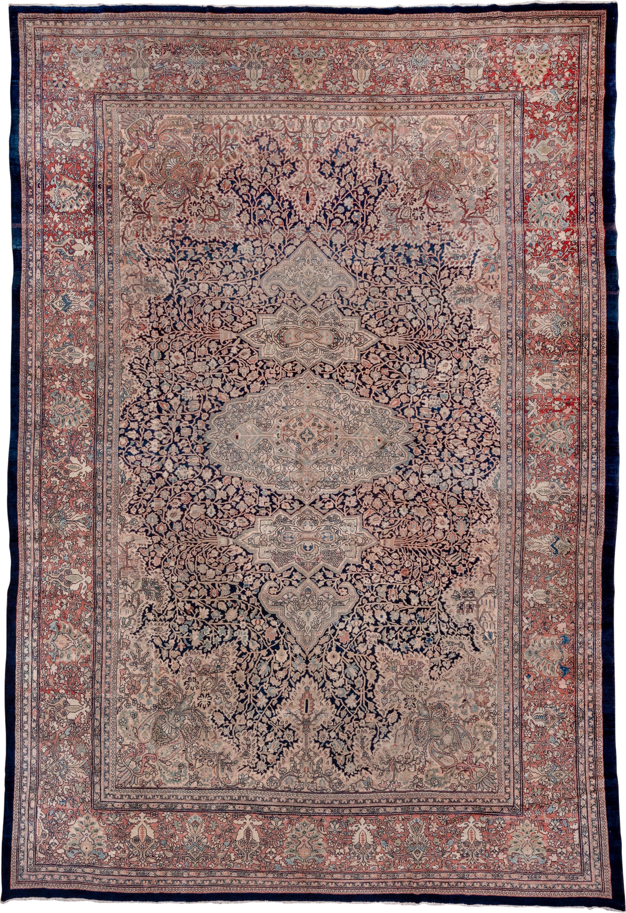12' x 17' one-of-a-kind handmade antique Far.Sarouk oversize rug. Color palette: navy, ivory, rust, rose, slate, soft blue