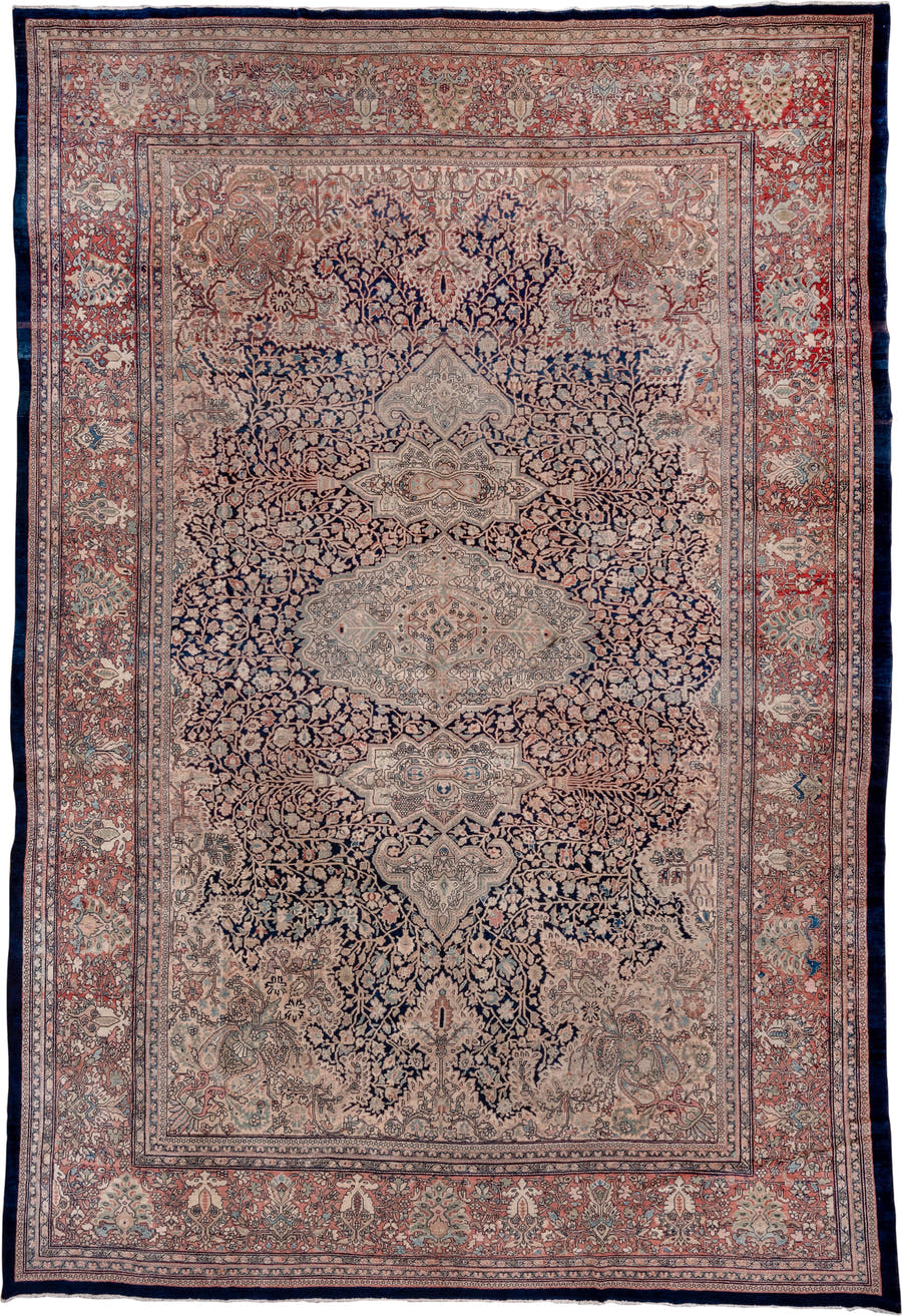 12' x 17' one-of-a-kind handmade antique Far.Sarouk oversize rug. Color palette: navy, ivory, rust, rose, slate, soft blue
