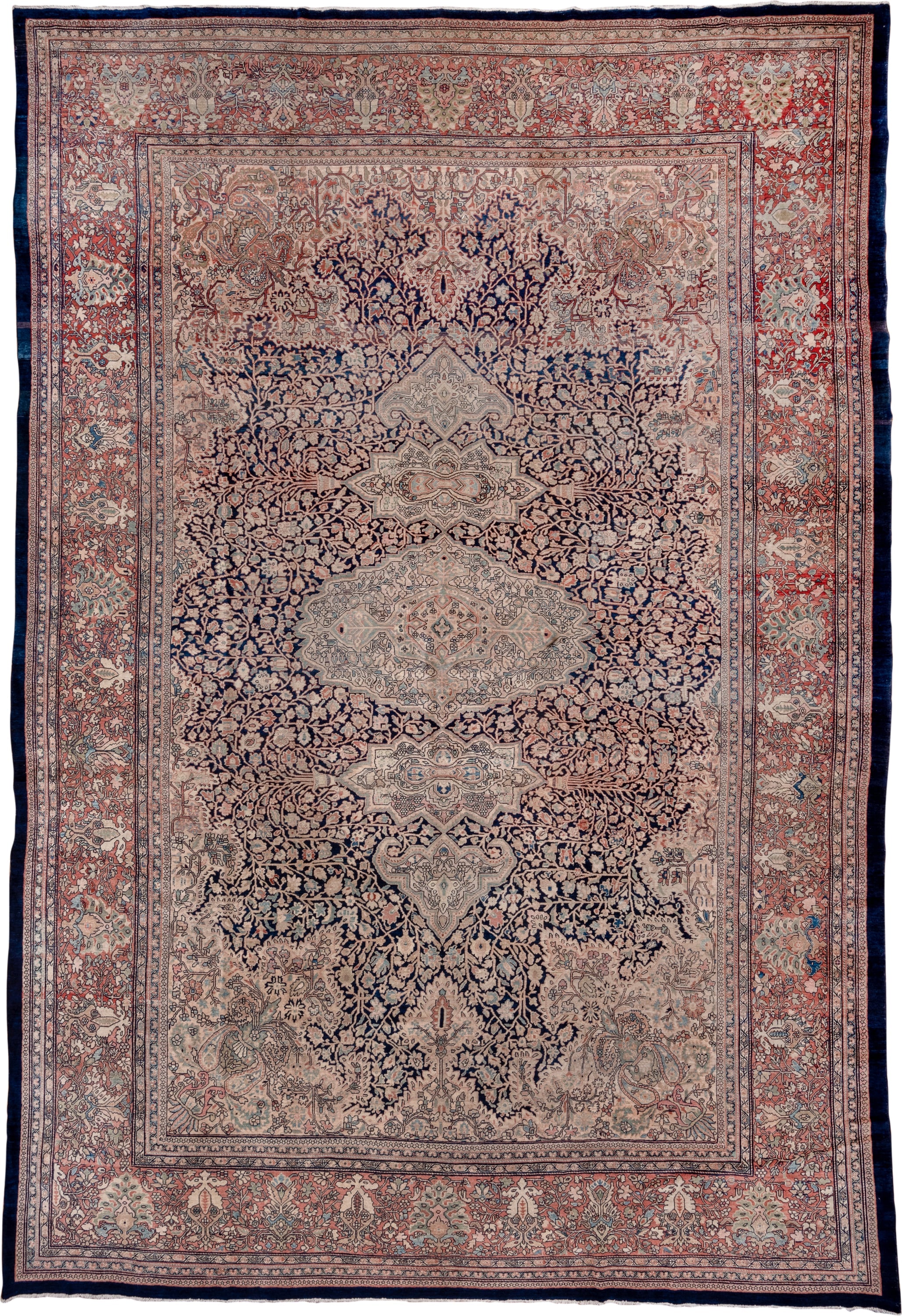 12' x 17' one-of-a-kind handmade antique Far.Sarouk oversize rug. Color palette: navy, ivory, rust, rose, slate, soft blue