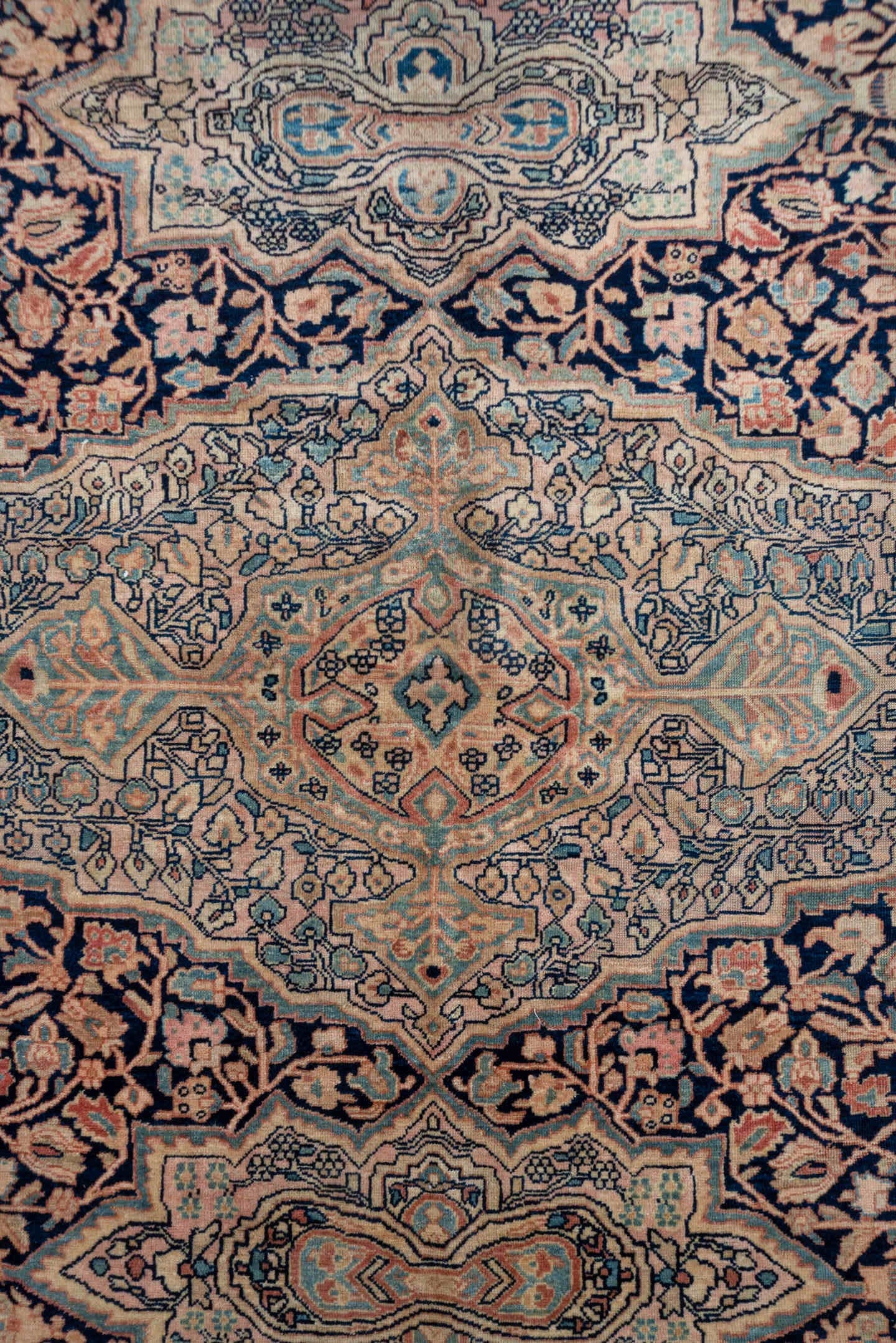 12' x 17' one-of-a-kind handmade antique Far.Sarouk oversize rug. Color palette: navy, ivory, rust, rose, slate, soft blue