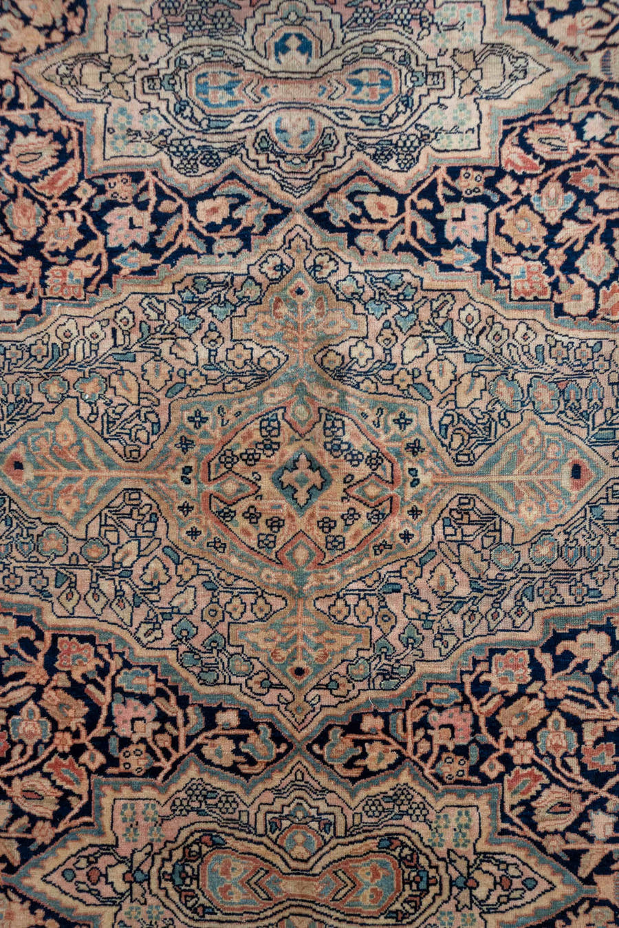12' x 17' one-of-a-kind handmade antique Far.Sarouk oversize rug. Color palette: navy, ivory, rust, rose, slate, soft blue