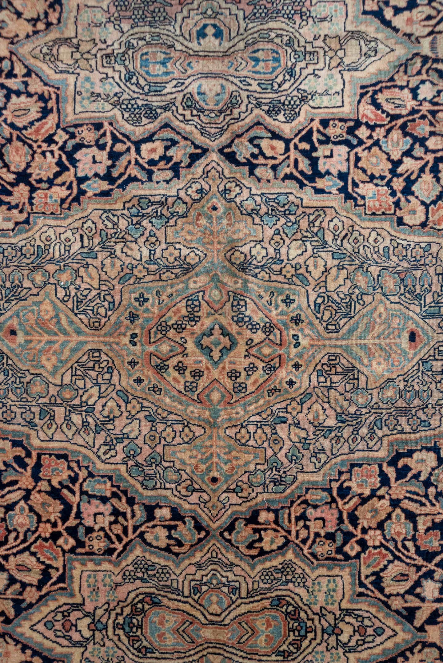 12' x 17' one-of-a-kind handmade antique Far.Sarouk oversize rug. Color palette: navy, ivory, rust, rose, slate, soft blue