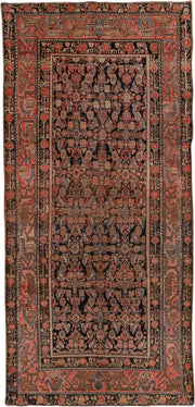 4' x 10' one-of-a-kind handmade antique Malayer runner rug. Color palette: navy, rust, camel, coral, ivory, slate