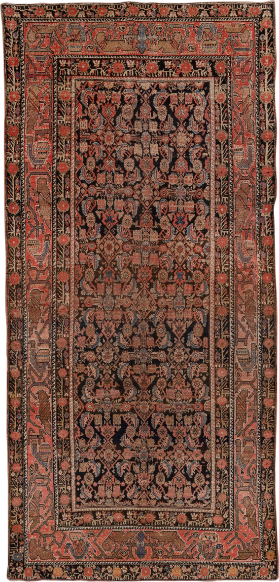 4' x 10' one-of-a-kind handmade antique Malayer runner rug. Color palette: navy, rust, camel, coral, ivory, slate