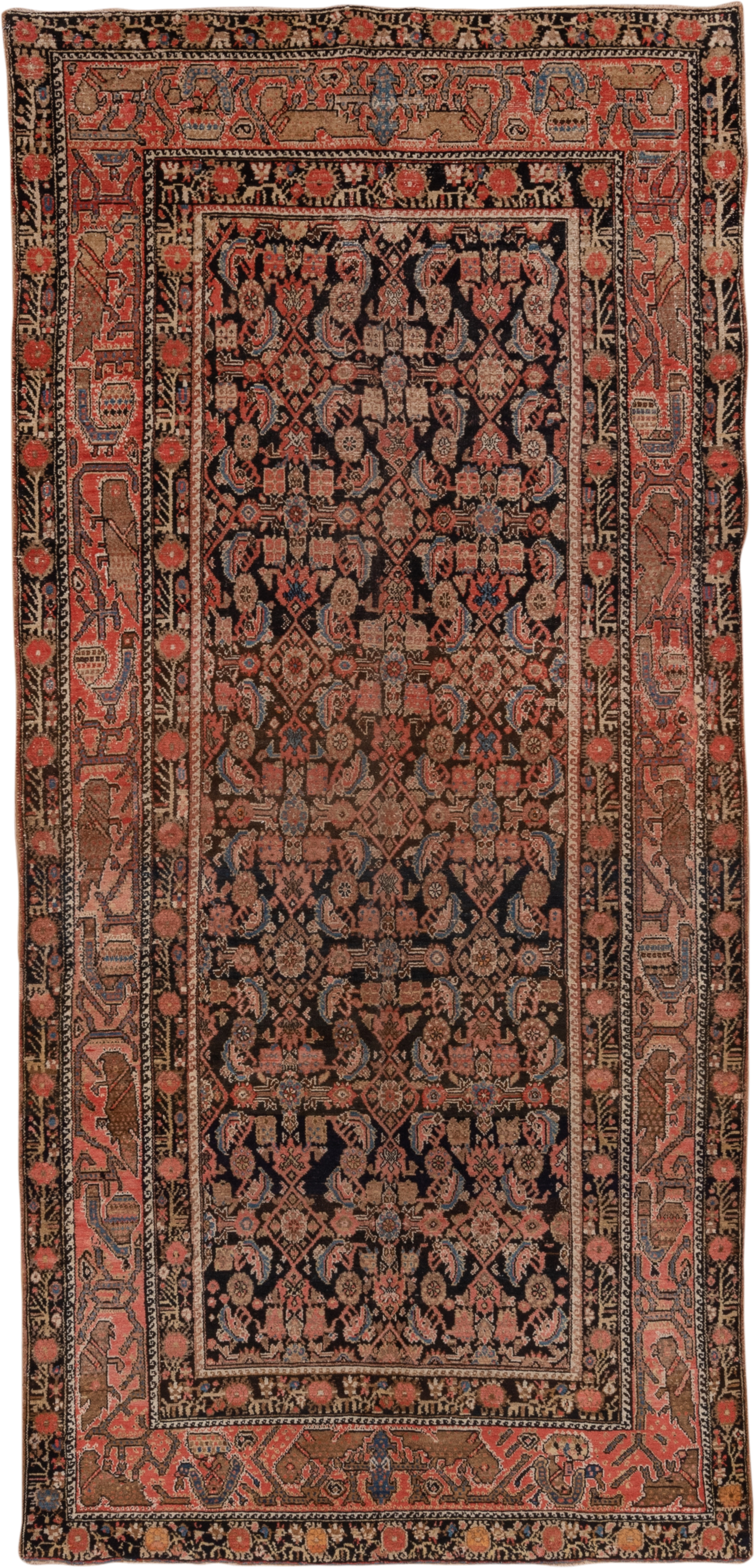 4' x 10' one-of-a-kind handmade antique Malayer runner rug. Color palette: navy, rust, camel, coral, ivory, slate