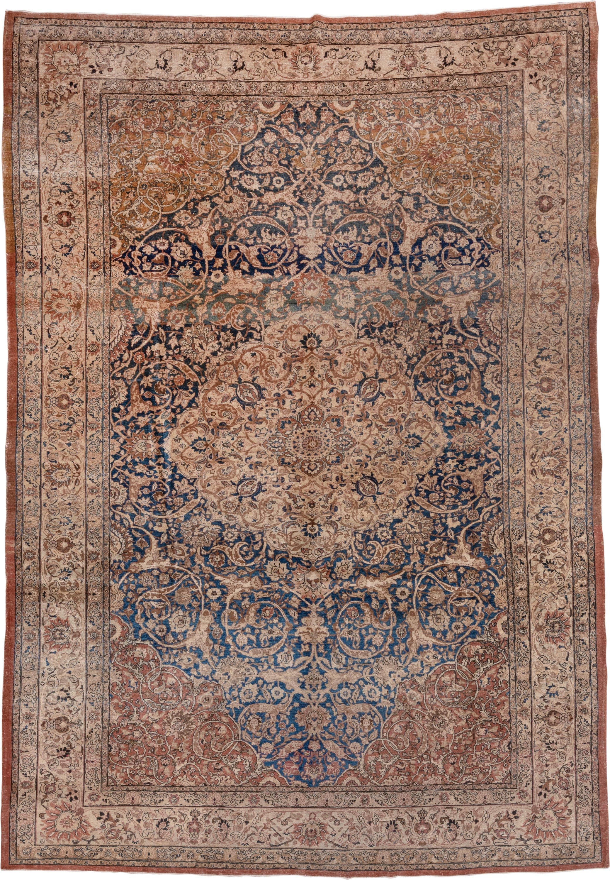 10' x 14' one-of-a-kind handmade antique Tabriz rug. Color palette: ivory, navy, terra cotta, beige, camel, slate, taupe