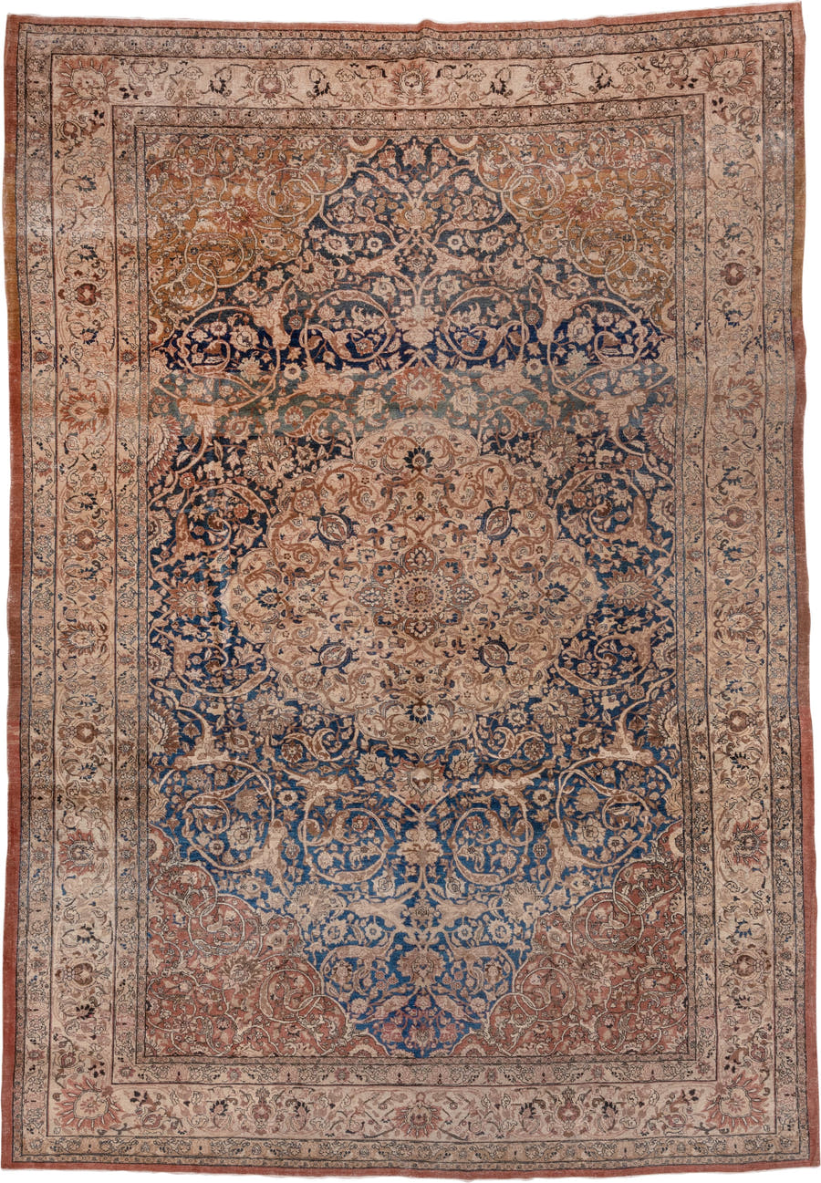 10' x 14' one-of-a-kind handmade antique Tabriz rug. Color palette: ivory, navy, terra cotta, beige, camel, slate, taupe