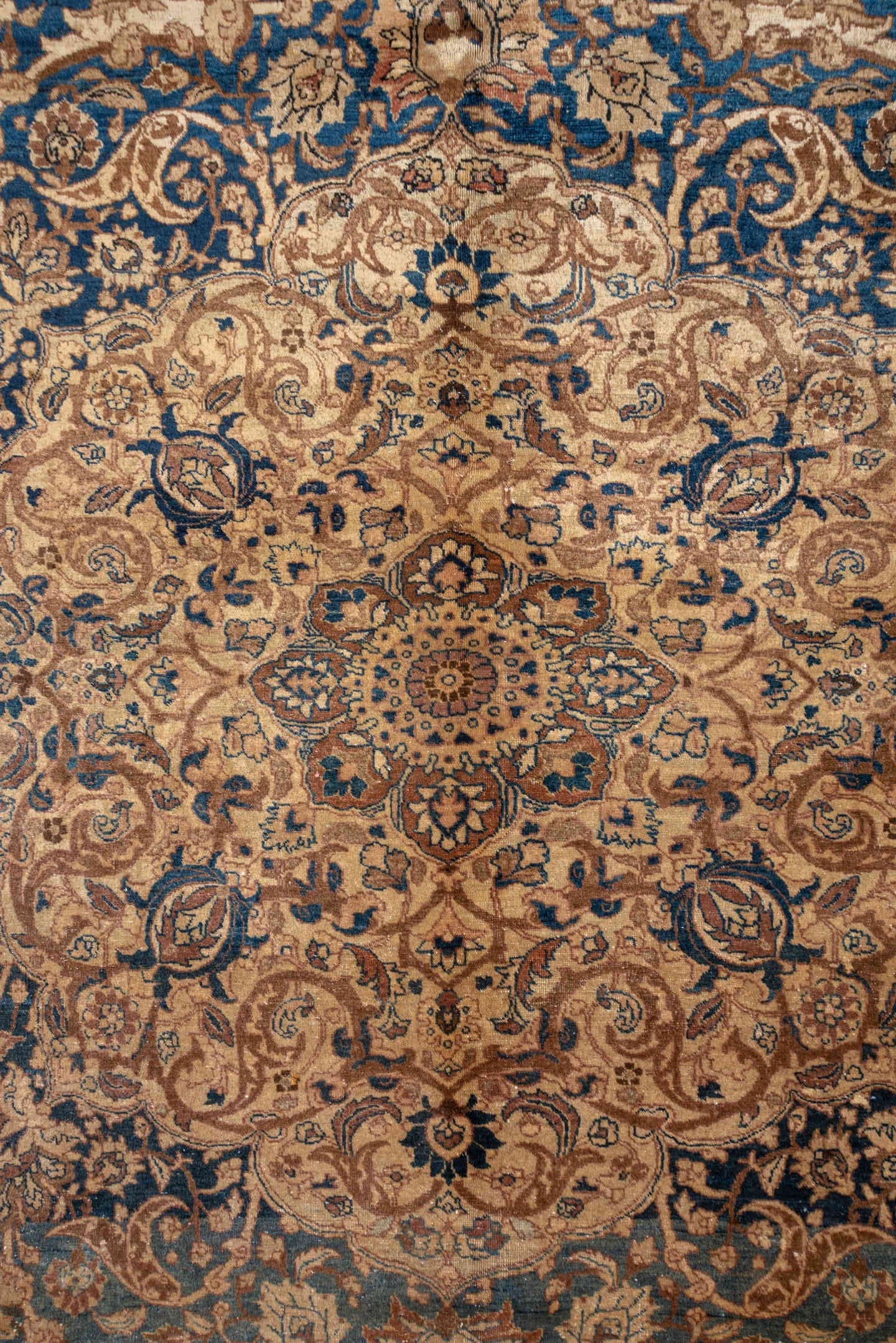 10' x 14' one-of-a-kind handmade antique Tabriz rug. Color palette: ivory, navy, terra cotta, beige, camel, slate, taupe