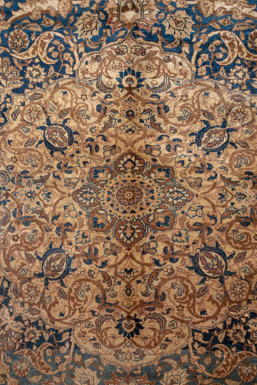 10' x 14' one-of-a-kind handmade antique Tabriz rug. Color palette: ivory, navy, terra cotta, beige, camel, slate, taupe