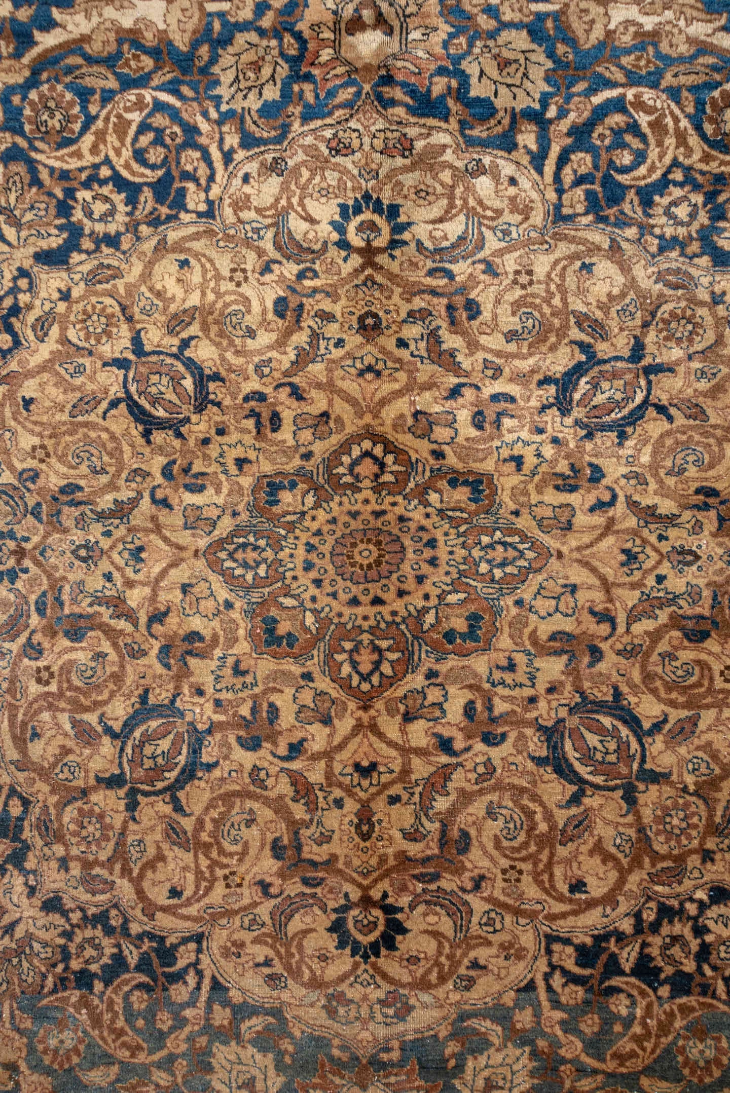 10' x 14' one-of-a-kind handmade antique Tabriz rug. Color palette: ivory, navy, terra cotta, beige, camel, slate, taupe