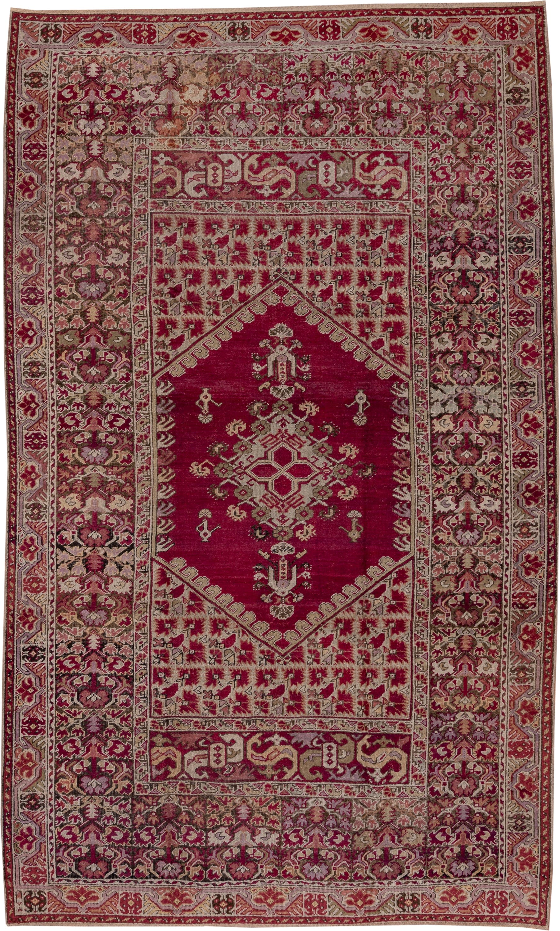 6' x 11' one-of-a-kind handmade antique Ghordes large size rug. Color palette: crimson, ivory, taupe, rose, burgundy, olive