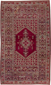 6' x 11' one-of-a-kind handmade antique Ghordes large size rug. Color palette: crimson, ivory, taupe, rose, burgundy, olive