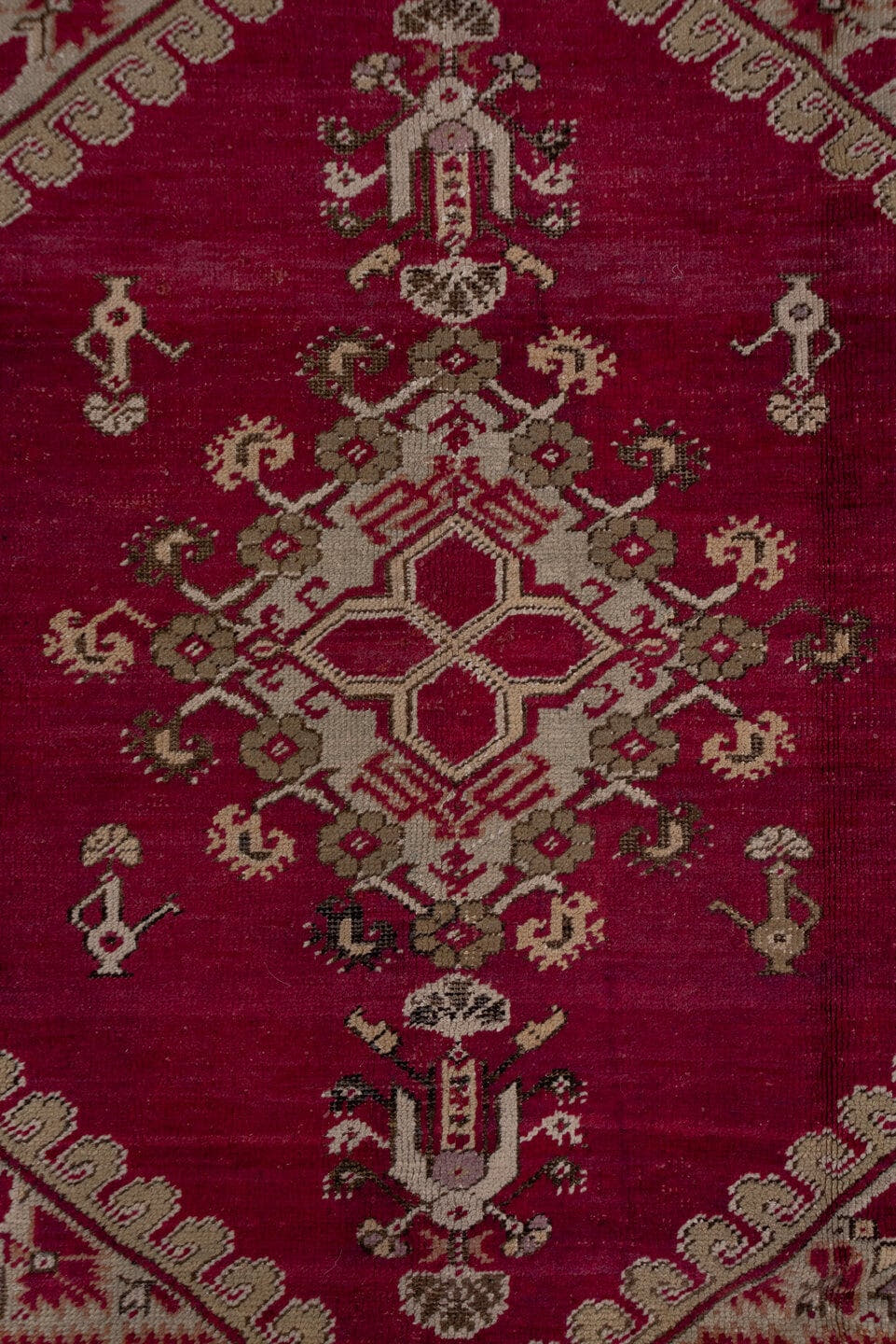 6' x 11' one-of-a-kind handmade antique Ghordes large size rug. Color palette: crimson, ivory, taupe, rose, burgundy, olive