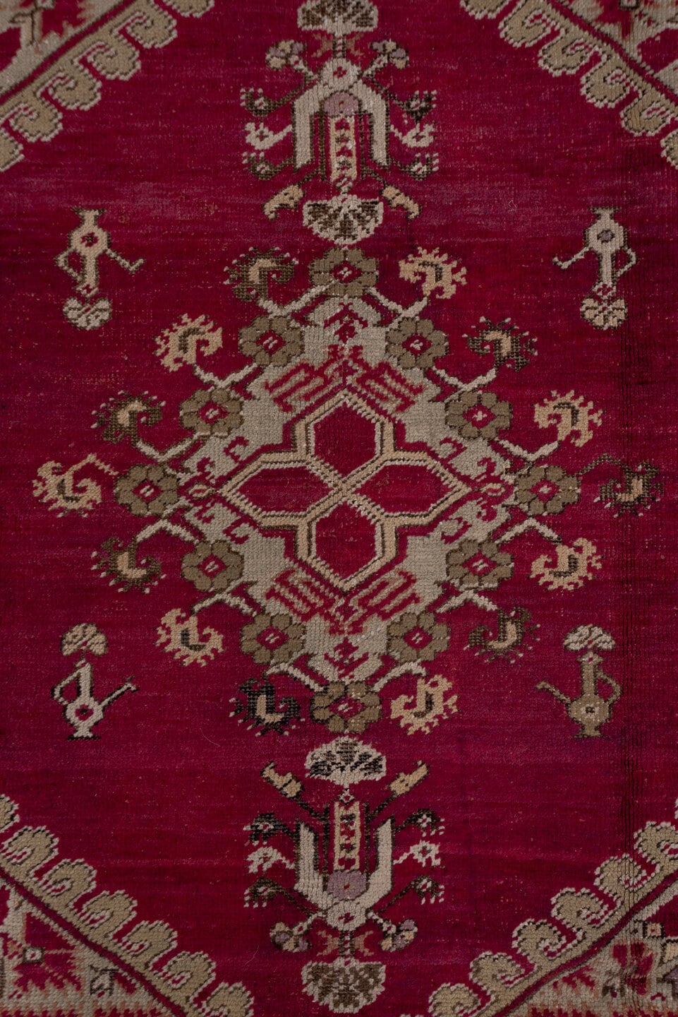 6' x 11' one-of-a-kind handmade antique Ghordes large size rug. Color palette: crimson, ivory, taupe, rose, burgundy, olive