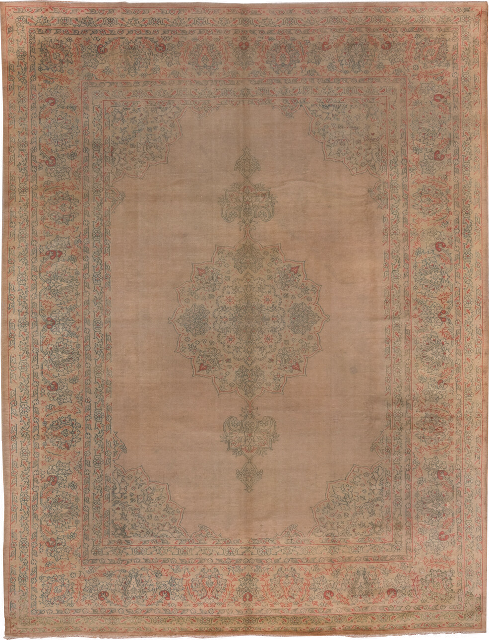 9' x 11' one-of-a-kind handmade antique Oushak large size rug. Color palette: taupe, beige, sage, coral, faded blue, ivory