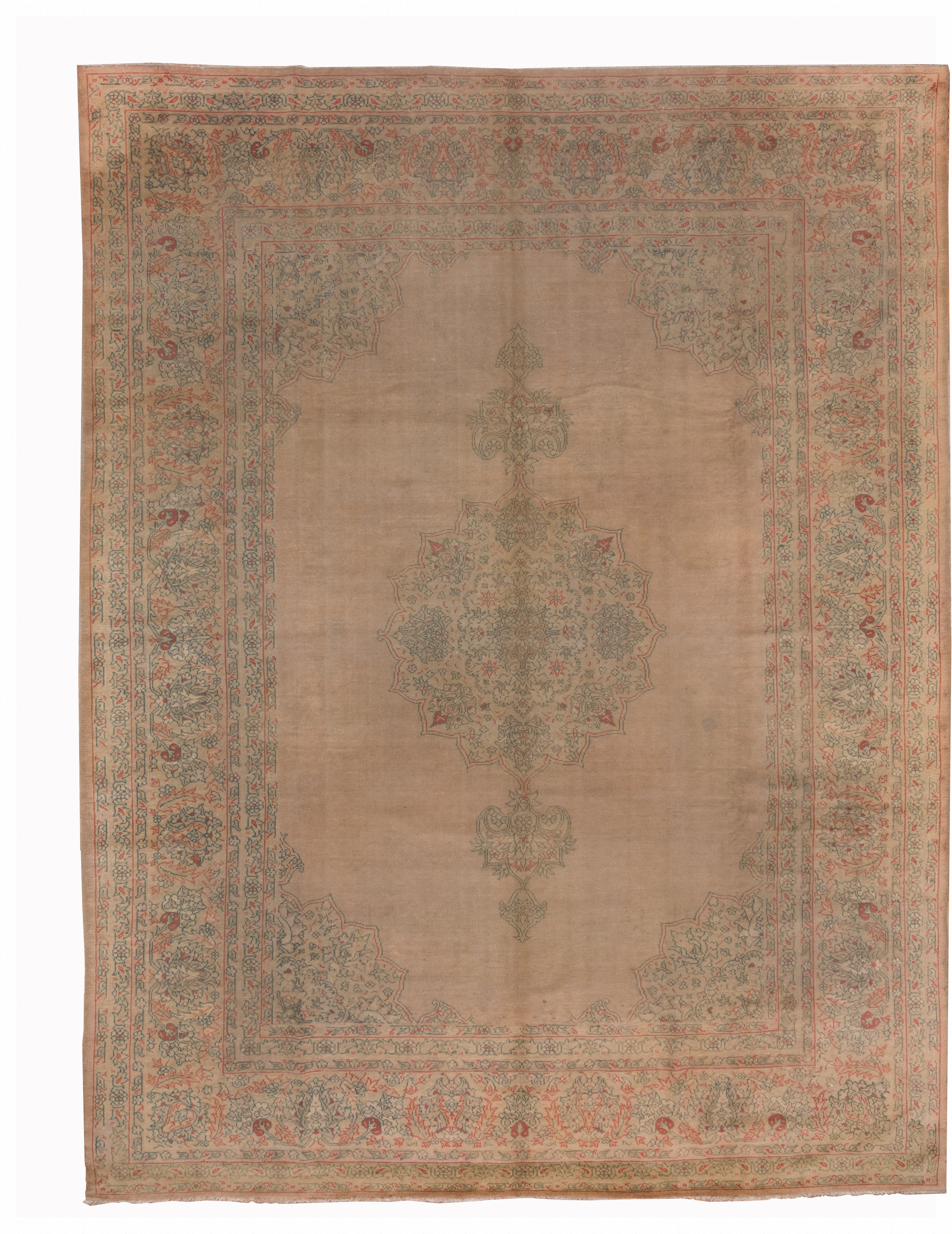 9' x 11' one-of-a-kind handmade antique Oushak large size rug. Color palette: taupe, beige, sage, coral, faded blue, ivory