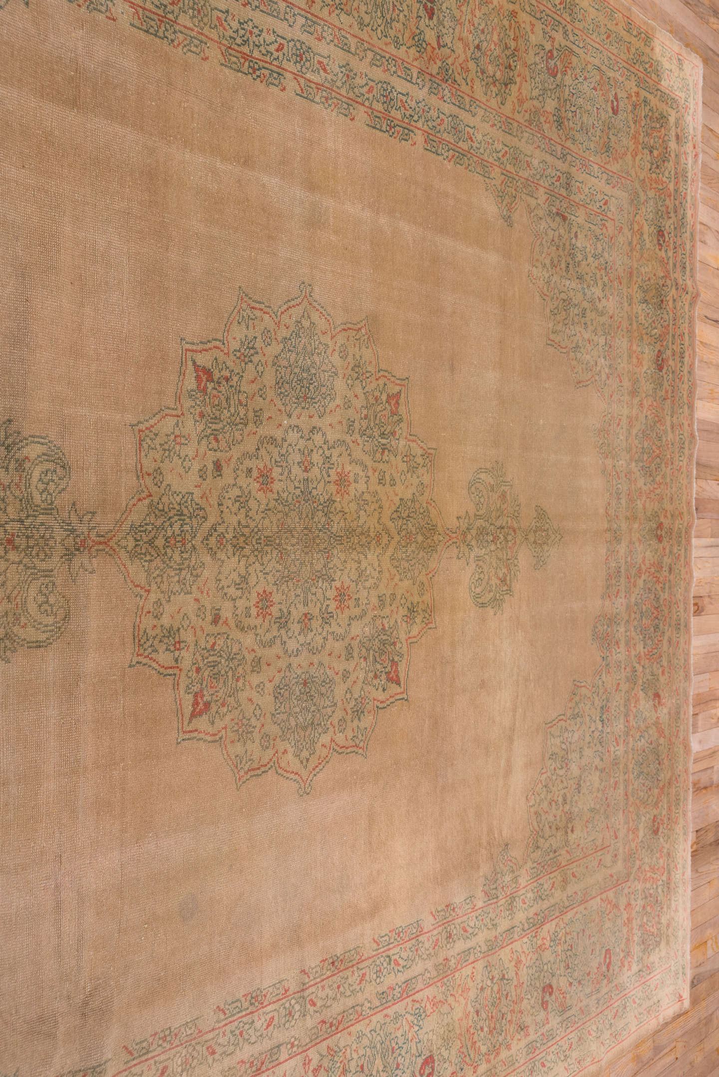 9' x 11' one-of-a-kind handmade antique Oushak large size rug. Color palette: taupe, beige, sage, coral, faded blue, ivory
