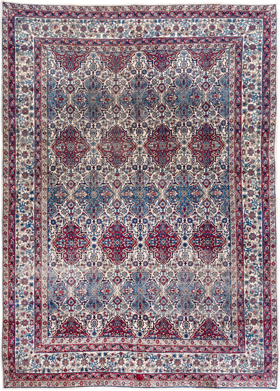 8' x 12' one-of-a-kind handmade antique Lavar large size rug. Color palette: ivory, red, blue, navy, sky_blue, rose, slate