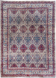 8' x 12' one-of-a-kind handmade antique Lavar large size rug. Color palette: ivory, red, blue, navy, sky_blue, rose, slate