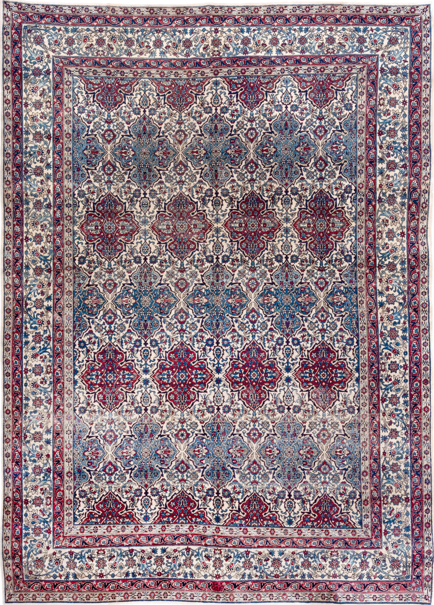 8' x 12' one-of-a-kind handmade vintage Lavar large size rug. Color palette: antiquewhite, arapawa, blue, brown, dim gray