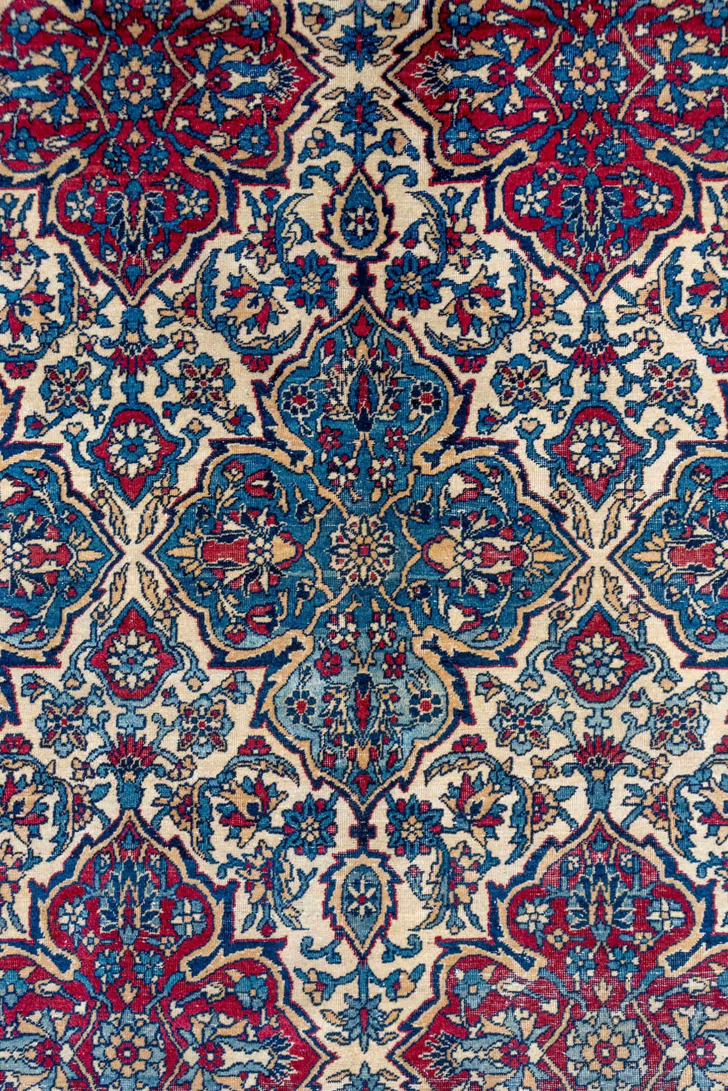 8' x 12' one-of-a-kind handmade antique Lavar large size rug. Color palette: ivory, red, blue, navy, sky_blue, rose, slate