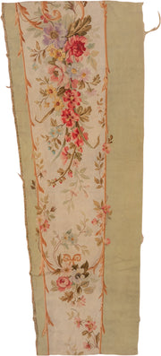 2' x 7' one-of-a-kind handmade antique Aubusson runner rug. Color palette: sage, ivory, rose, coral, gold, taupe, lavender
