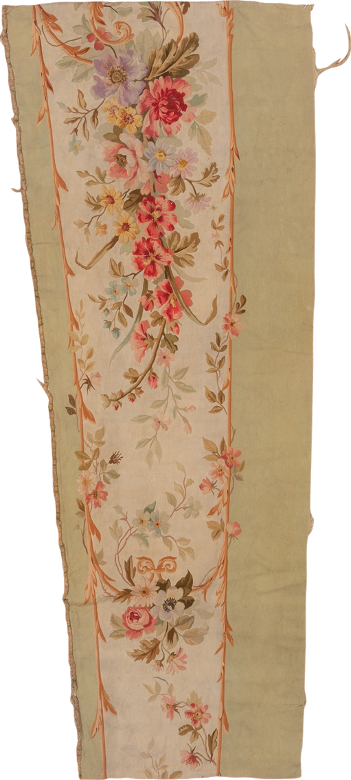 2' x 7' one-of-a-kind handmade vintage Aubusson runner rug. Color palette: brown, gray, off-white, pink, red, snow, white