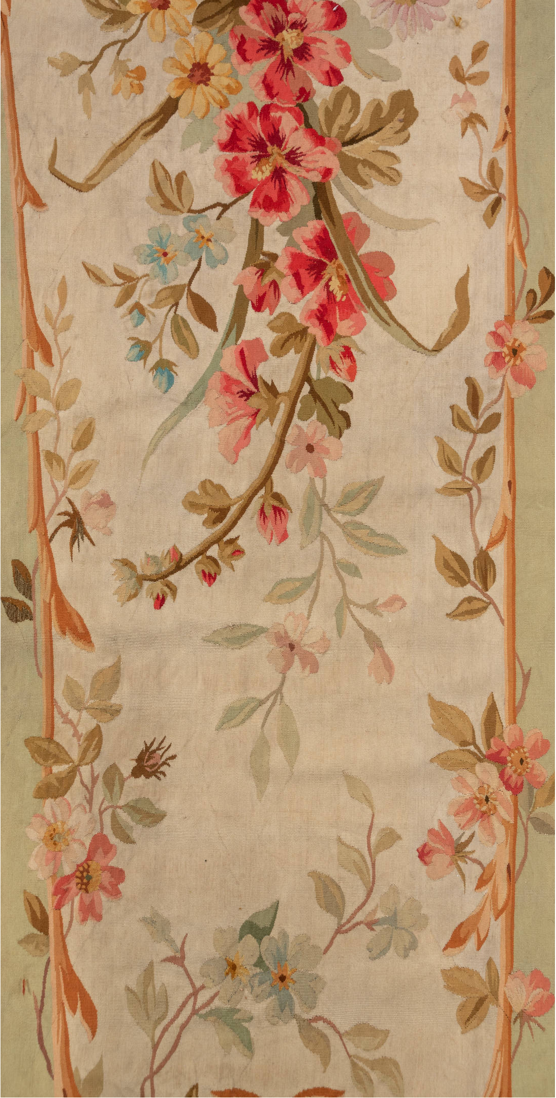 2' x 7' one-of-a-kind handmade vintage Aubusson runner rug. Color palette: brown, gray, off-white, pink, red, snow, white