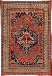 5' x 7' one-of-a-kind handmade antique Senne rug. Color palette: brick red, navy, ivory, rust, camel, charcoal, rose, taupe