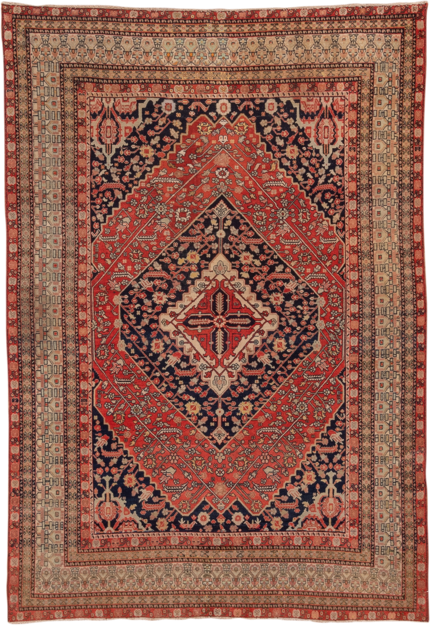 5' x 7' one-of-a-kind handmade antique Senne rug. Color palette: brick red, navy, ivory, rust, camel, charcoal, rose, taupe