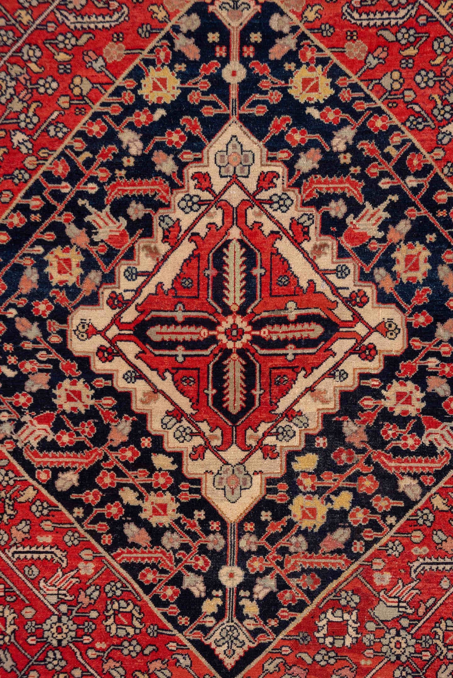 5' x 7' one-of-a-kind handmade antique Senne rug. Color palette: brick red, navy, ivory, rust, camel, charcoal, rose, taupe