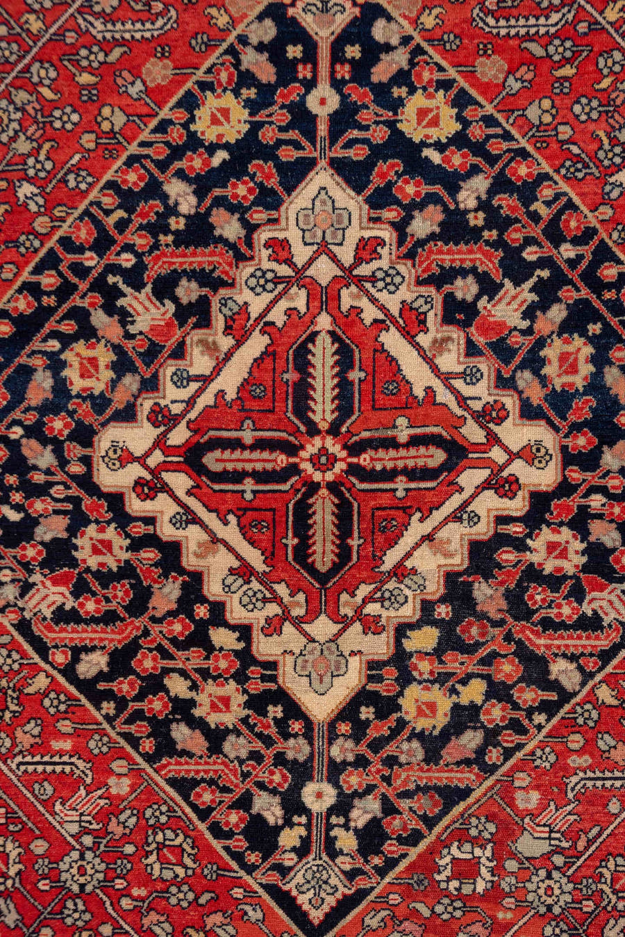 5' x 7' one-of-a-kind handmade antique Senne rug. Color palette: brick red, navy, ivory, rust, camel, charcoal, rose, taupe