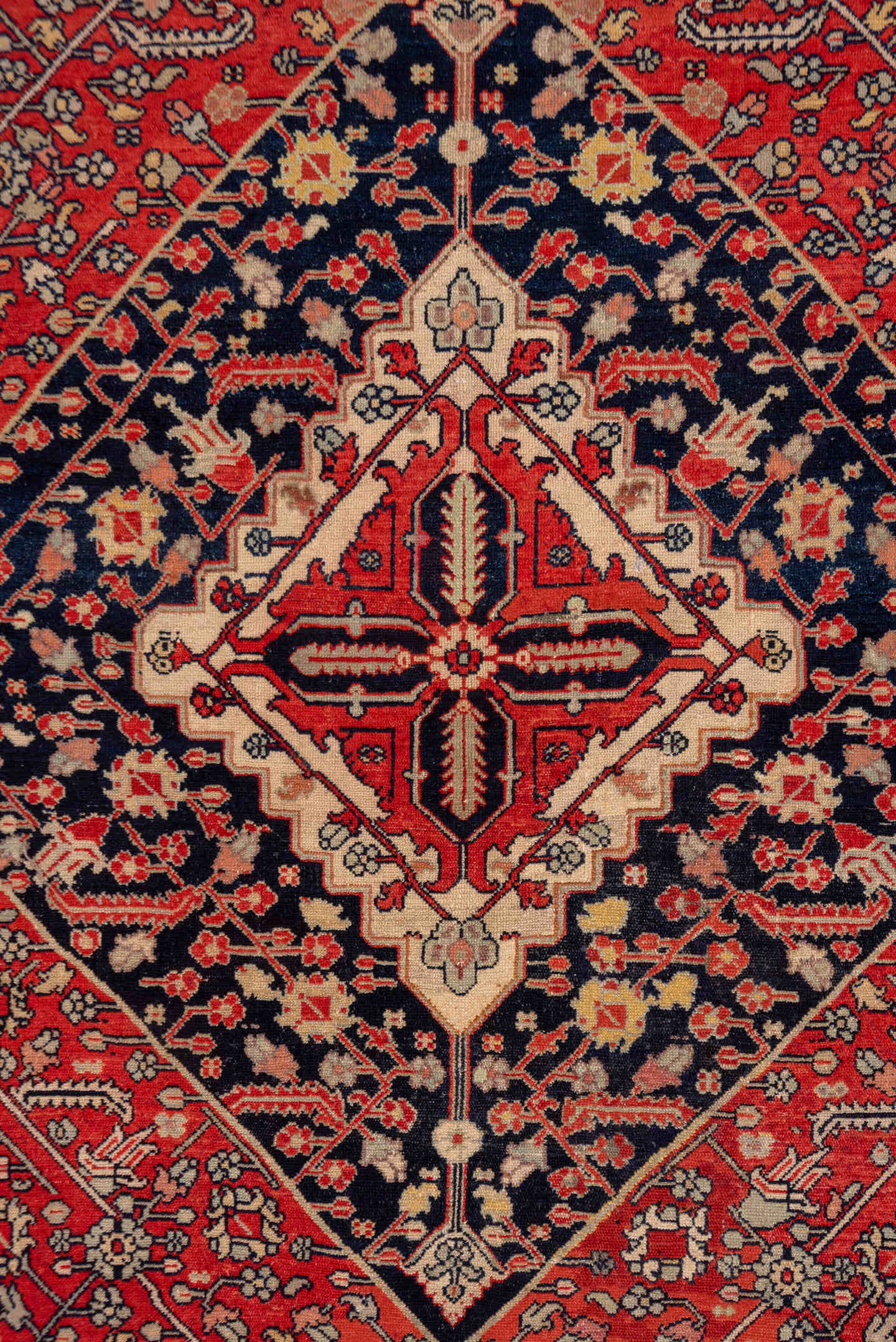 5' x 7' one-of-a-kind handmade antique Senne rug. Color palette: brick red, navy, ivory, rust, camel, charcoal, rose, taupe