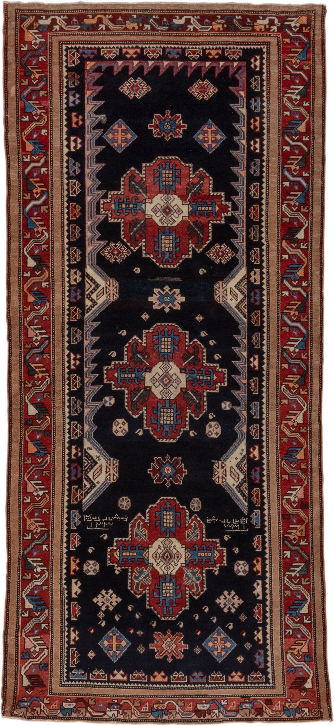 3' x 8' one-of-a-kind handmade antique Malayer runner rug. Color palette: navy, rust, ivory, sky blue, crimson, camel