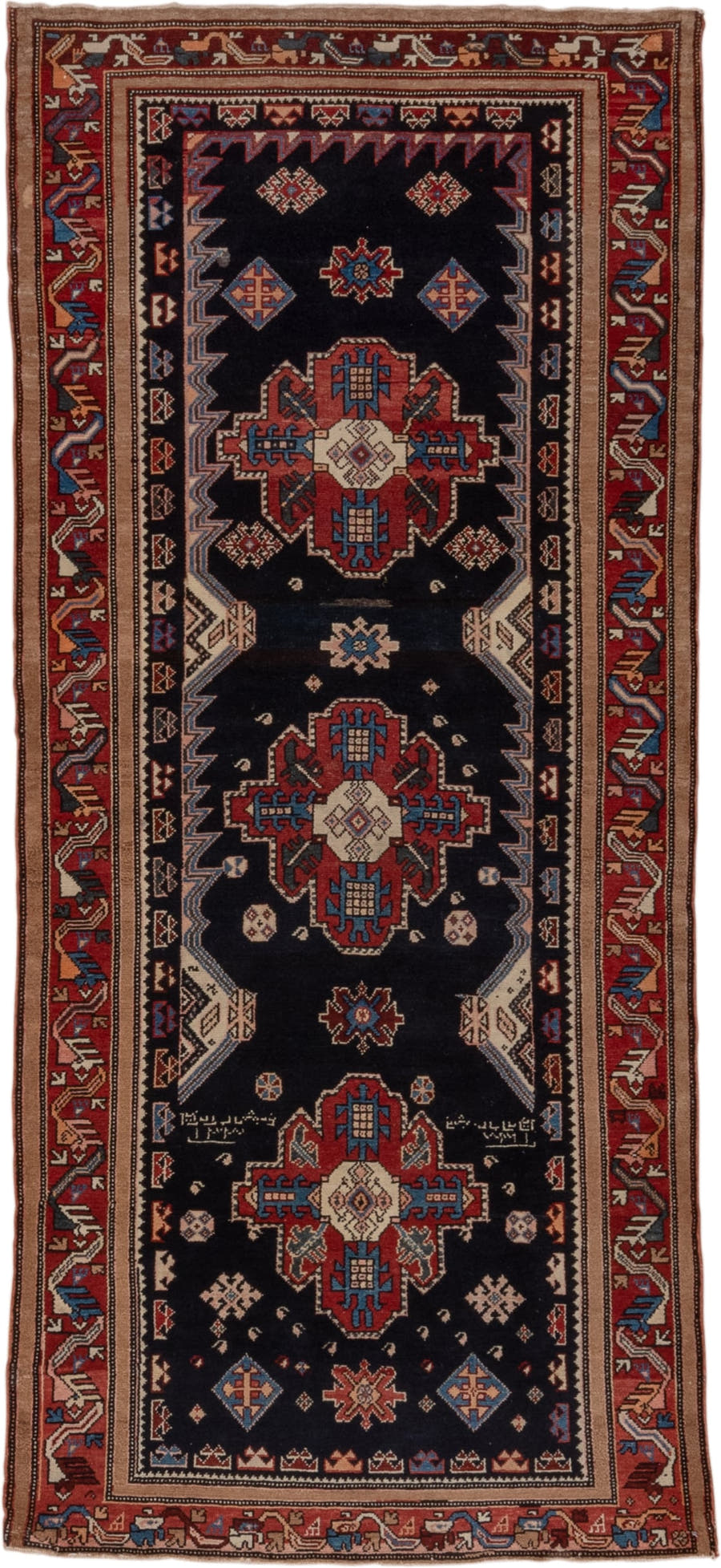 3' x 8' one-of-a-kind handmade antique Malayer runner rug. Color palette: navy, rust, ivory, sky blue, crimson, camel