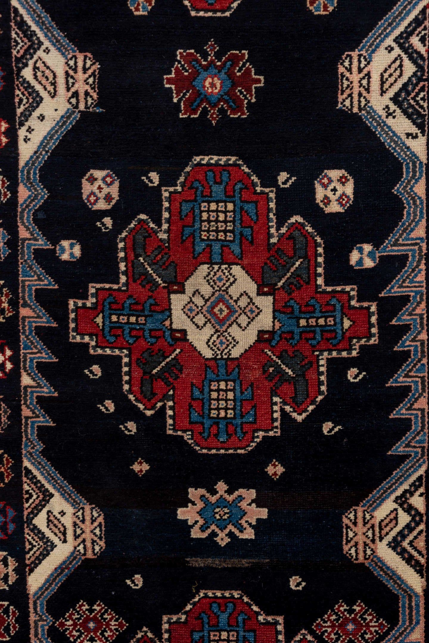 3' x 8' one-of-a-kind handmade antique Malayer runner rug. Color palette: navy, rust, ivory, sky blue, crimson, camel