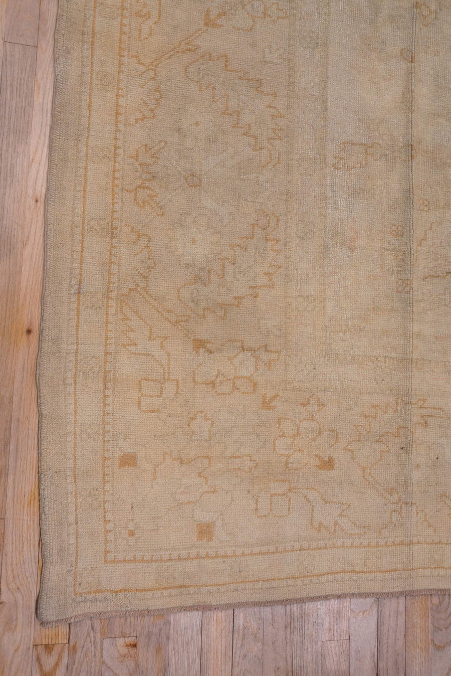9' x 13' one-of-a-kind handmade antique Oushak large size rug. Color palette: ivory, beige, cream, pale peach, taupe