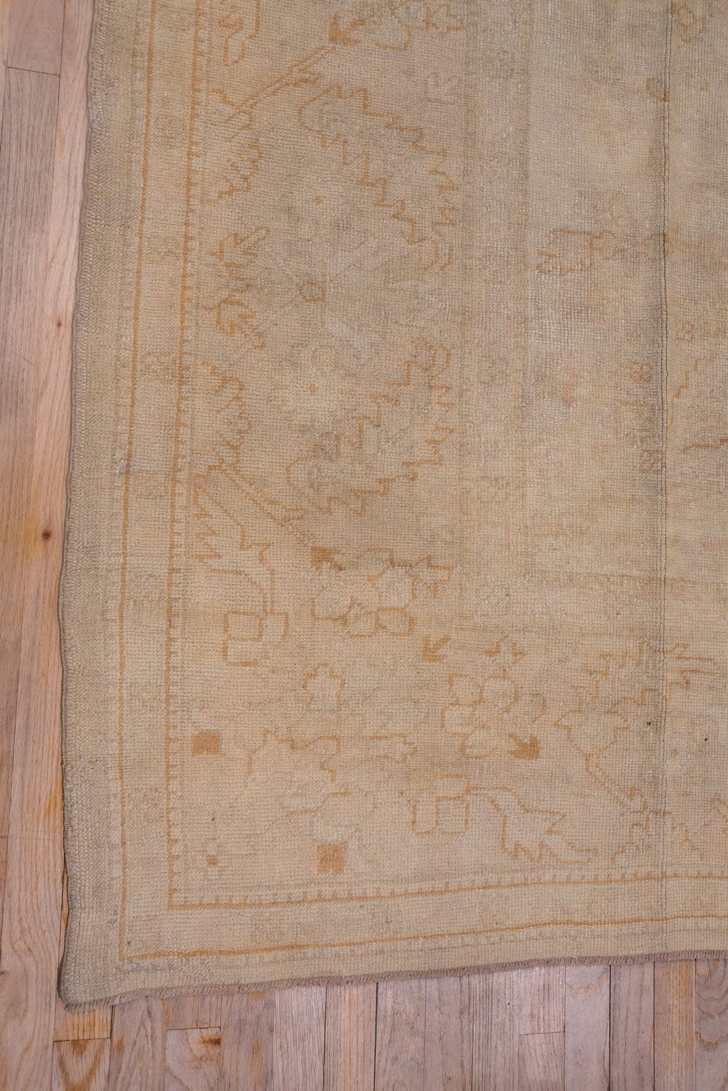 9' x 13' one-of-a-kind handmade antique Oushak large size rug. Color palette: ivory, beige, cream, pale peach, taupe