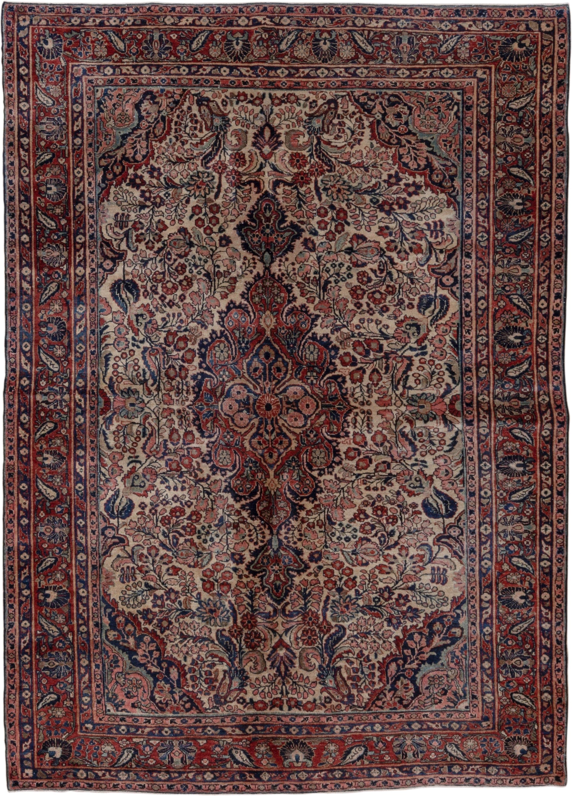 5' x 7' one-of-a-kind handmade antique Sarouk rug. Color palette: ivory, rust, navy, rose, soft blue, burgundy, taupe