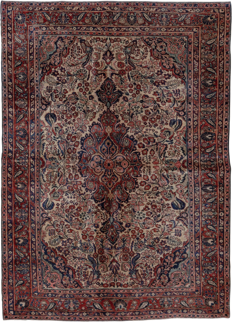 5' x 7' one-of-a-kind handmade antique Sarouk rug. Color palette: ivory, rust, navy, rose, soft blue, burgundy, taupe