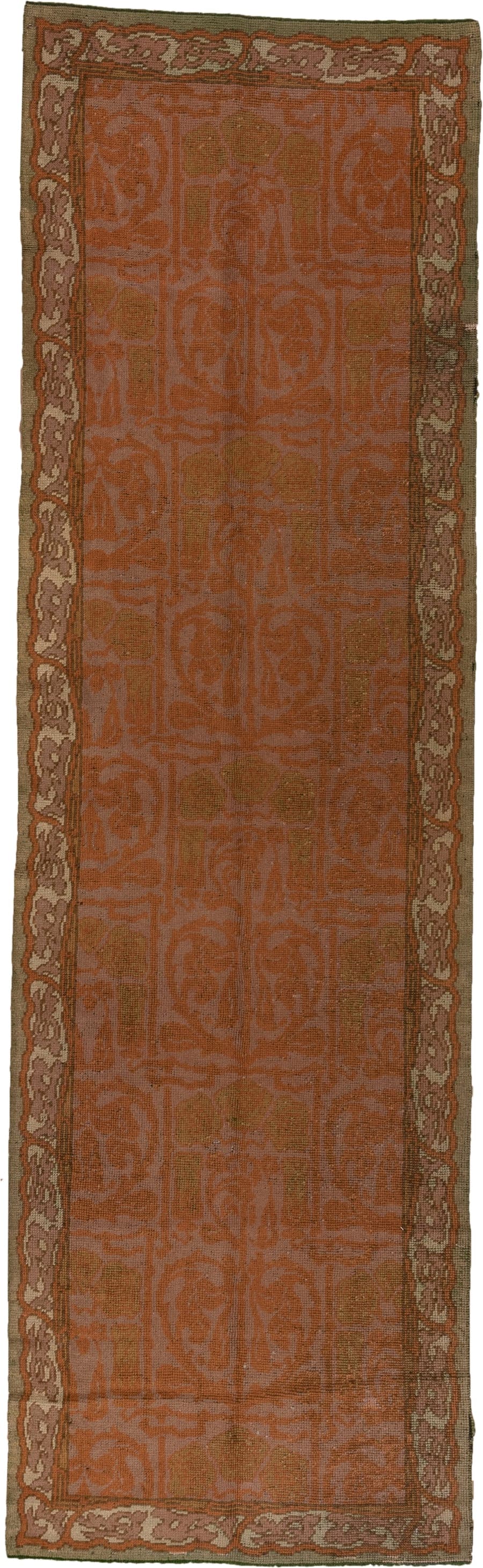 4' x 13' one-of-a-kind handmade handmade Donegal runner rug. Color palette: terra cotta, rust, taupe, olive, sage, brown