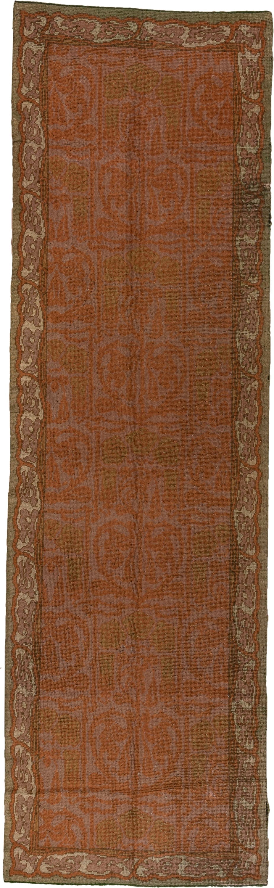 4' x 13' one-of-a-kind handmade handmade Donegal runner rug. Color palette: terra cotta, rust, taupe, olive, sage, brown