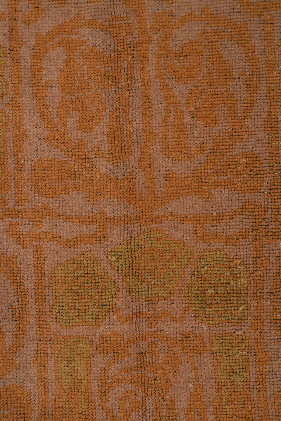 4' x 13' one-of-a-kind handmade handmade Donegal runner rug. Color palette: terra cotta, rust, taupe, olive, sage, brown