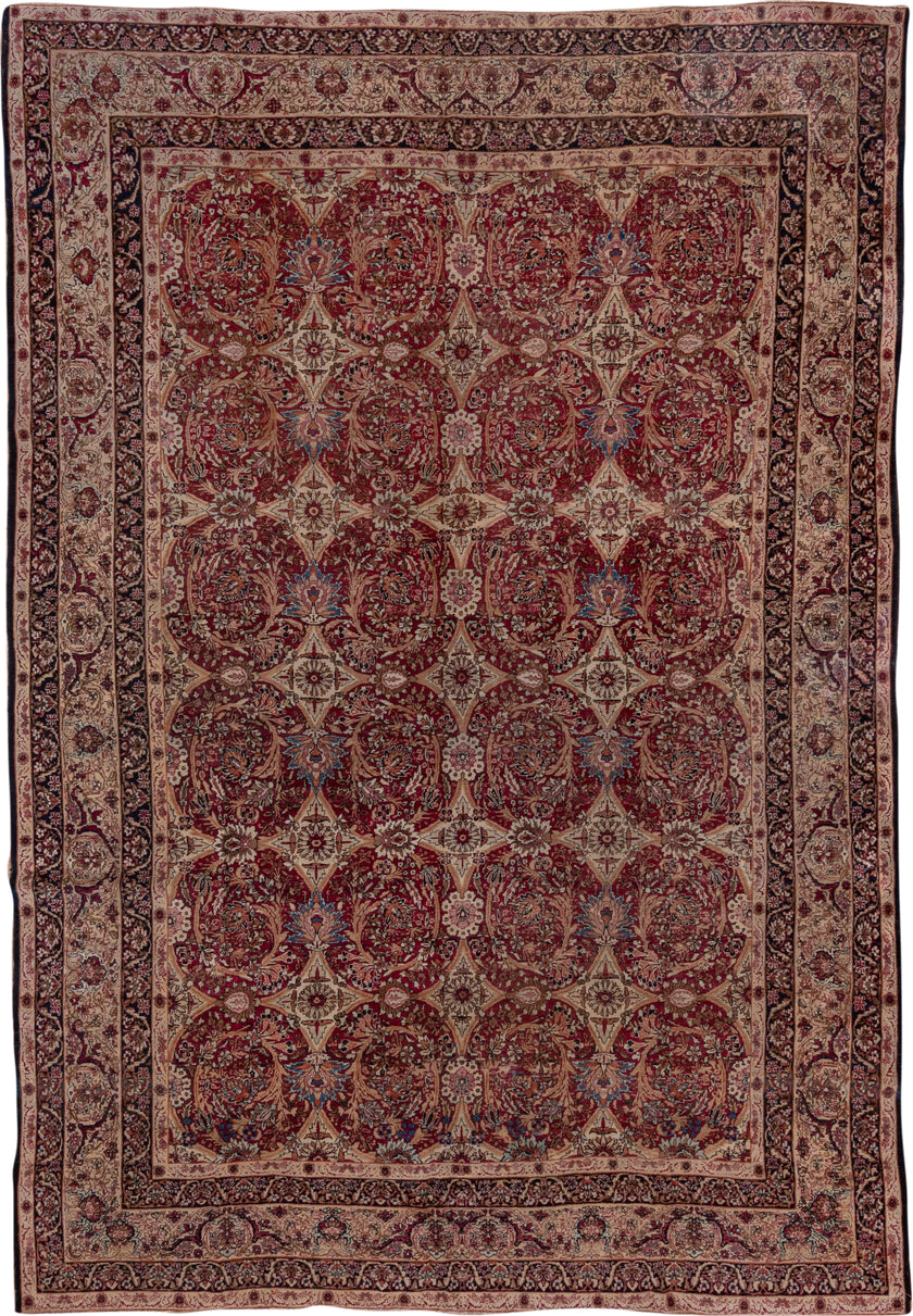 8' x 12' one-of-a-kind handmade antique Lavar large size rug. Color palette: rust, ivory, navy, rose, camel, sienna, slate