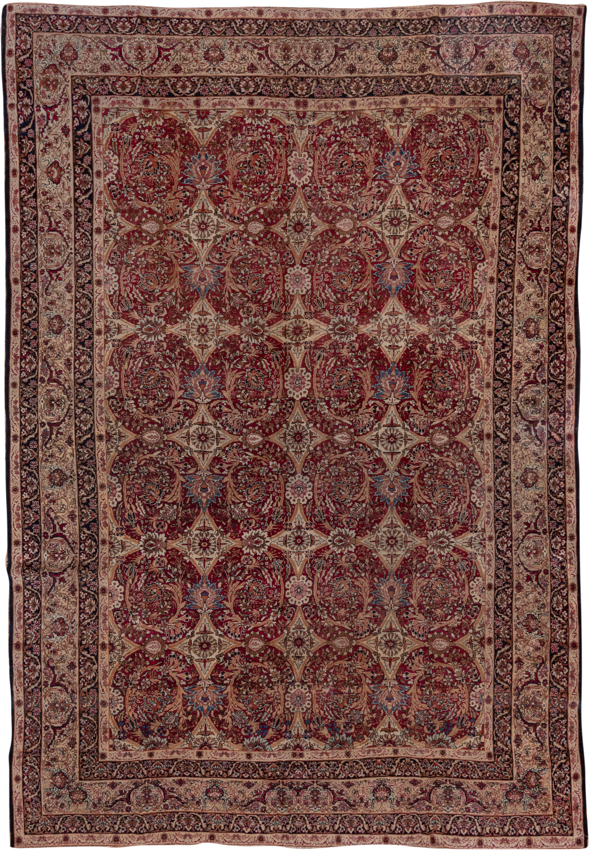 8' x 12' one-of-a-kind handmade antique Lavar large size rug. Color palette: rust, ivory, navy, rose, camel, sienna, slate