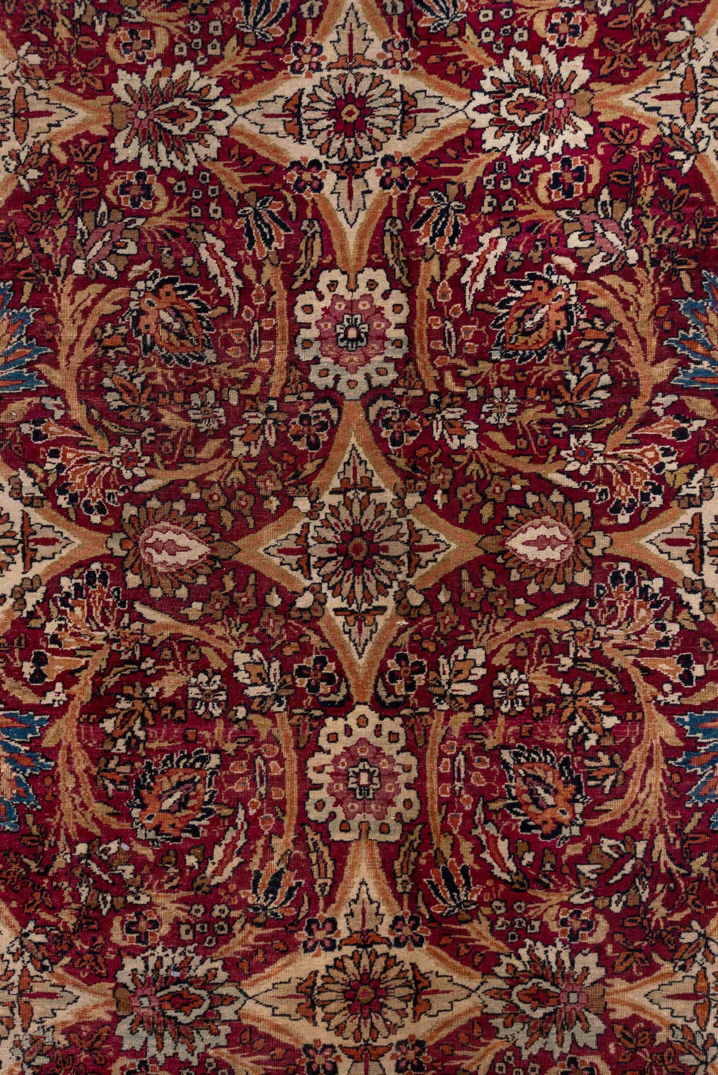 8' x 12' one-of-a-kind handmade antique Lavar large size rug. Color palette: rust, ivory, navy, rose, camel, sienna, slate
