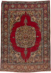 4' x 5' one-of-a-kind handmade antique Tabriz small size rug. Color palette: crimson, ivory, camel, navy, rust, taupe, slate